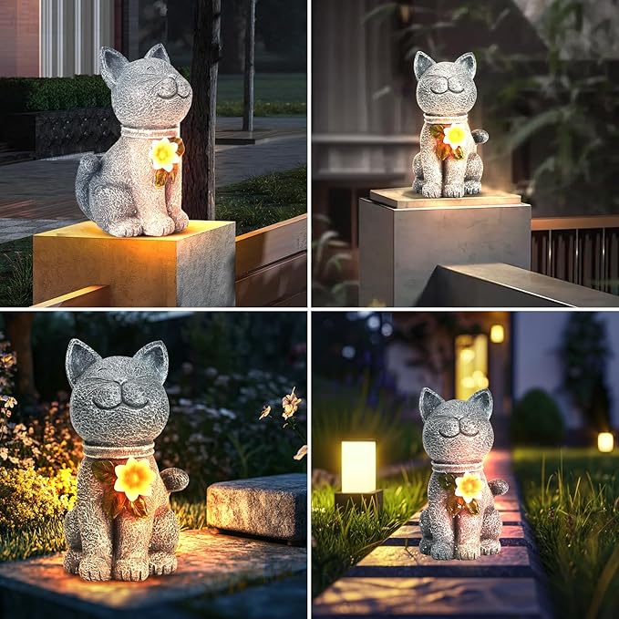 Solar Garden Statue Cat Figurine - Solar Cat Outdoor Statues, Waterproof Resin Cat Sculpture for Yard, Patio, Lawn, and Garden Decoration for Garden Mom Grandma