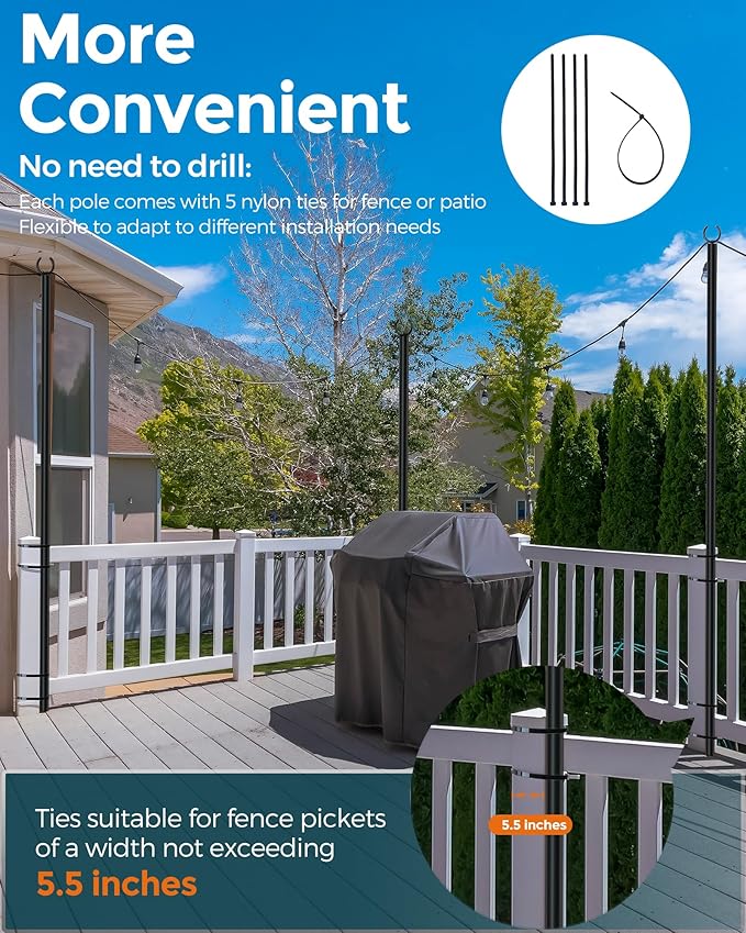 LAND·VOI Metal String Light Poles for Outside Hanging - Backyard, Garden, Patio, 2 Pack Lighting Stand with Adjustable Height for Outdoor Parties, Wedding, Extra-Long 5-Prong Claws, (9.6FT) FLP02B