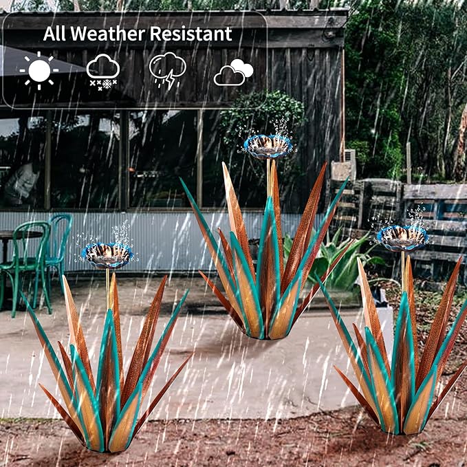 Large Tequila Rustic Sculpture, Rustic Metal Agave Plants for Outdoor, Home Decor Garden Yard Statue (Blue - L (W/Bird Feeder))