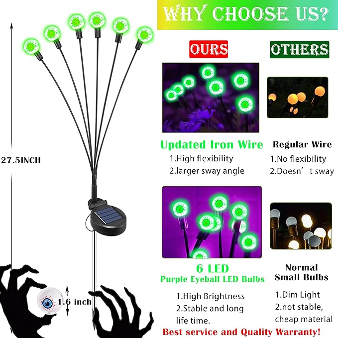 4 Pack Green Solar Eyeball Halloween Lights - Outdoor, Waterproof, Swaying Fairy Lights for Pathway, Yard, Garden Decorations
