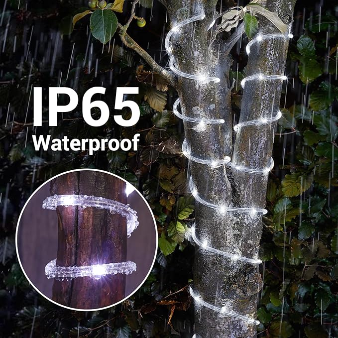 Solar Rope Lights, 66ft 200LED String, 8 Modes Waterproof Powered Outdoor, Flexible Clear Tube for Garden, Backyard, Patio, Deck, Porch, Pool, Tree Decorative - White