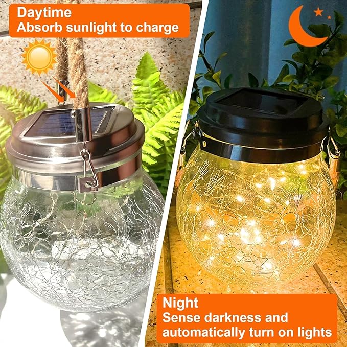 Solar Crackle Glass Hanging Lanterns, 5.5 in Height, IP65 Waterproof, 30 LED Lights, 2-Pack, Warm White
