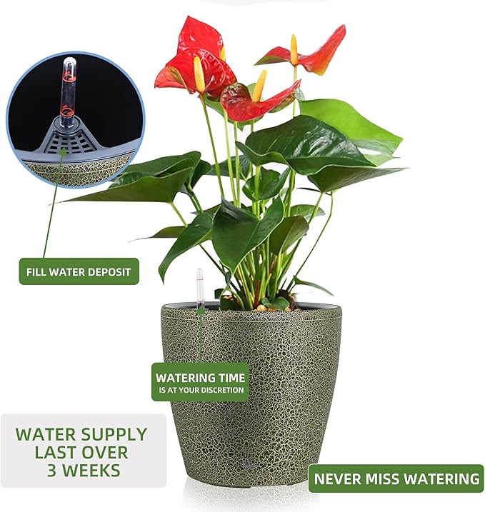 Dexceder 13x12 Self Watering Planter with Wheels Indoor Outdoor, Inner Pot Design, Thickened Large Floor Standing Flower Plant Pot with Water Level Indicator (Black Gold Crackle)