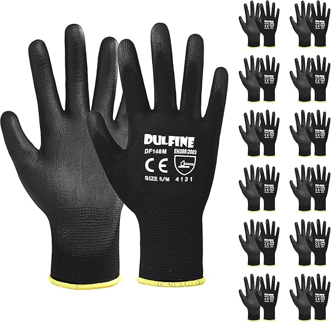 DULFINE Ultra-Thin PU Coated Work Gloves-12 Pairs,Excellent Grip,Nylon Shell Black Polyurethane Coated Safety Work Gloves, Knit Wrist Cuff,Ideal for Light Duty Work. (Extra Large)