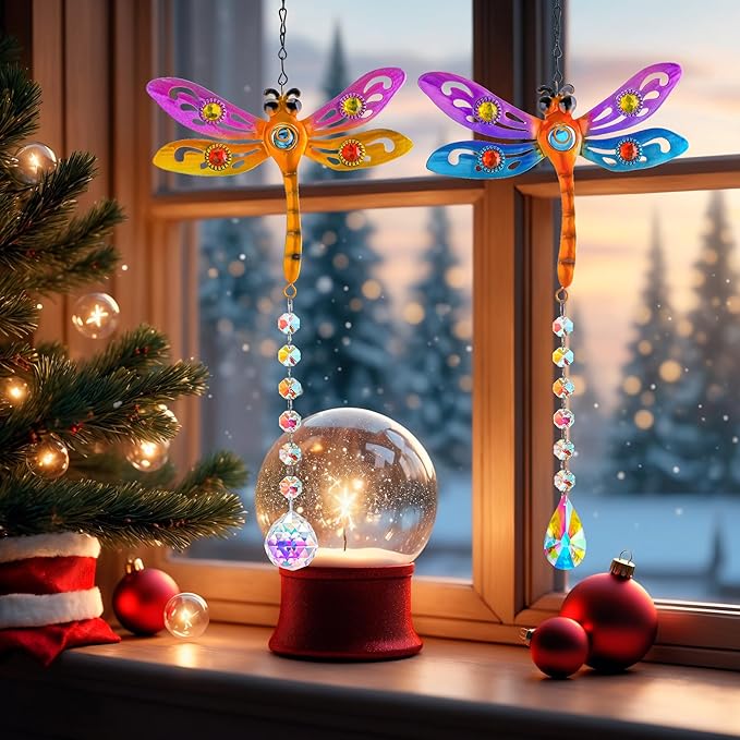 Crystal Dragonfly Suncatchers for Christmas, 2 Pack Dragonfly Sun Catcher for Windows Hanging, Stained Glass Dragonfly Ornament for Outdoor Home Decor