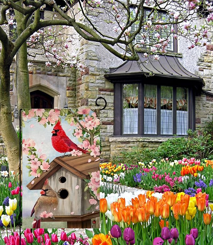 BLKWHT Spring Cardinal Bird Garden Flag 12x18 Vertical Double Sided Pink Flowers Tree Summer Farmhouse Holiday Outside Decorations Burlap Yard Flag BW792