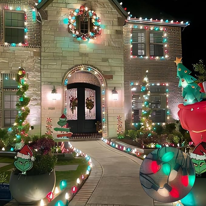 25Ft Red, White, and Green C9 Outdoor Christmas Lights with 26 Incandescent Bulbs (1 Spare), Extendable C9 Christmas String Lights for Tree, Roofline