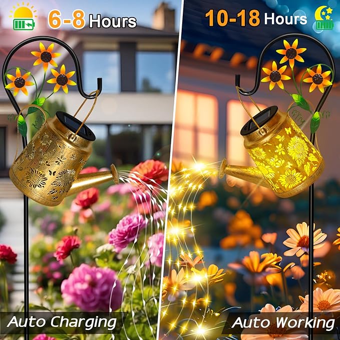 Solar Watering Can Lights Outdoor Garden Decor, Large Sunflower Hanging Lantern with Shepherd Hook, Yellow LED, Gold Finish, Floral Theme, Outdoor Decoration, Parties, Occasions