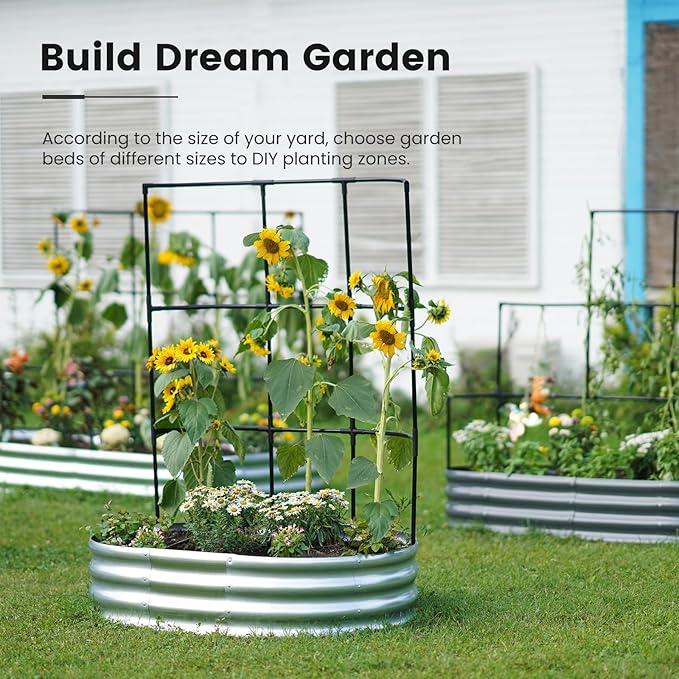 KING BIRD Raised Garden Bed with Wall Trellis Galvanized Planter Garden Box Outdoor for Gardening, Climbing Vegetables, Flowers 3.94x2.95x0.98 Ft, Silver
