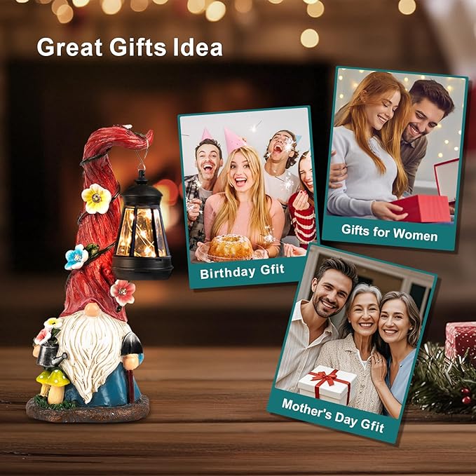 Solar Gnome Garden Statue Lights Gnome Figurine with Solar Lantern, Outdoor Garden Succulent Waterproof Ornaments Decorations for Yard, Lawn, Patio – Ideal Gift for Women, Mom, Grandma, Etc.