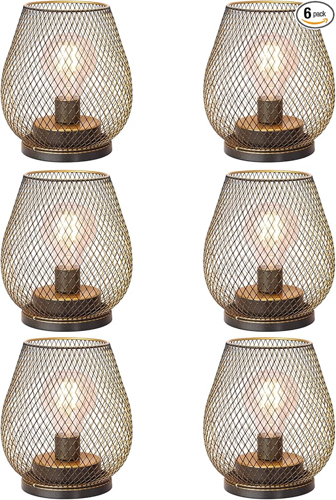 DECORKEY Set of 6 Battery Operated Lamp LED Table Lantern, Golden Metal Cage Cordless Lamps with LED Bulb, Vintage Decorative Outdoor Lantern for Weddings, Party, Patio, Events for Indoors Shelf Decor
