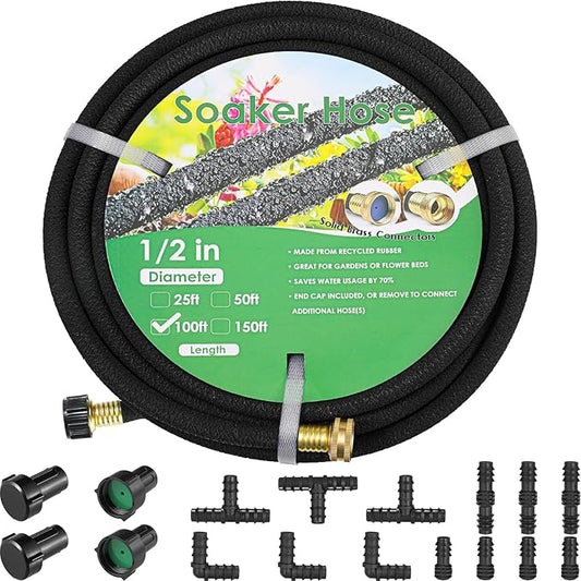 MAMIZO Soaker Hose Kit 100 ft 1/2", Solid Brass Connectors Rubber Longer Lasting, Heavy Duty Drip Hose to Save 70% Water, Soaker Hose for Garden, Lawn and Yard