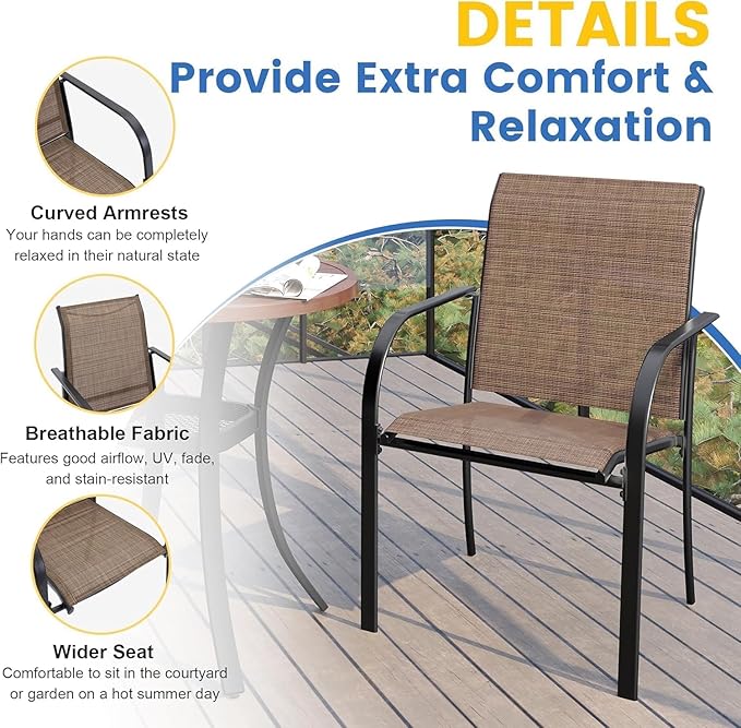 VICLLAX Patio Dining Set for 8, 9 Pieces Outdoor Furniture Set Includes 56.3" Round Patio Table and 8 Patio Stackable Chairs, Outdoor Table and Chairs for Outsides, Walnut Tabletop and Brown Fabric