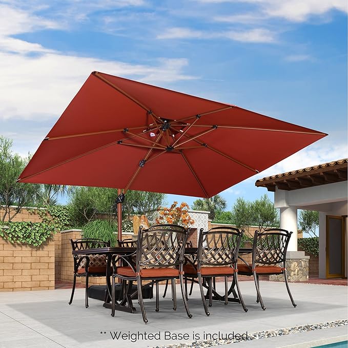 PURPLE LEAF 9' X 12' Double Top Deluxe Wood Pattern Rectangle Patio Umbrella with Base Offset Hanging Umbrella Outdoor Market Umbrella Garden Umbrella, Brick Red