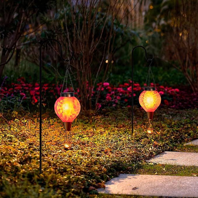 2PC Hot Air Balloon Solar Lantern with Flame, Pink Glass Balloon Lantern Lights Outdoor Waterproof, Hanging Solar Lights for Outside Garden Yard Patio Tree Porch Gift for Women Lovers Mom