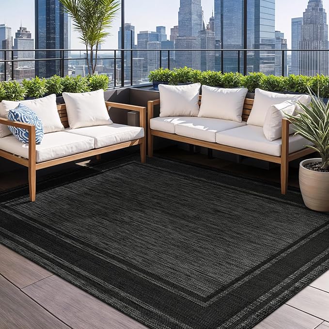 Beverly Rug Outdoor Rug 8x10 Modern Bordered Area Rugs for Indoor and Outdoor Patio Deck Porch Garden Waterproof Weather Sun Resistant Washable Outside Carpet (8 x 10 Black)