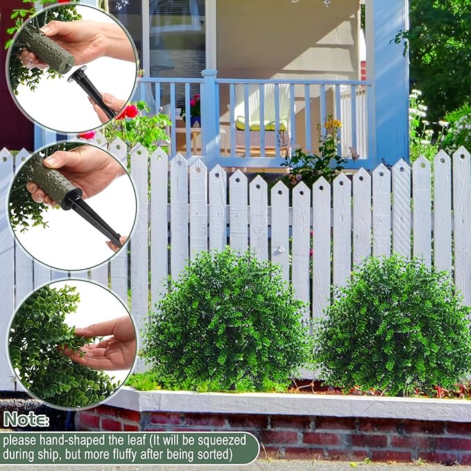 Yunlly 2 Pcs 18 Inch Artificial Boxwood Ball Topiary Tree Fake Outdoor Plants Bush, UV Resistance Faux Shrubs with Spike Realistic Greenery Potted for Indoor Garden Yard Porch Patio Decor (Green)