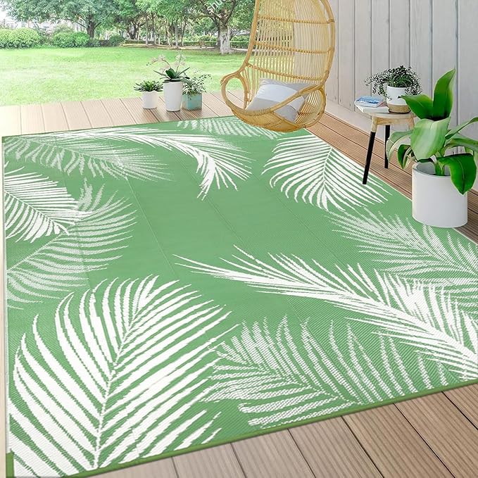 Pauwer Waterproof Outdoor Rug 6x9, Reversible Plastic Straw Patio Camping Rug, Indoor Outdoor RV Mat Carpet for Deck, Camper, Porch, Balcony, Backyard, Picnic, Leaf Green