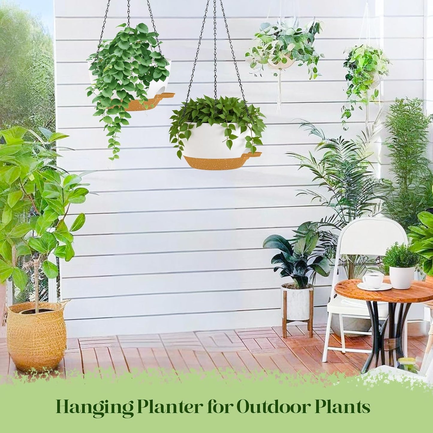 10 Inch Hanging Planters with Chains 2 Pack Self Watering White Brown Plastic Hanging Pots for Indoor Outdoor Plants, Garden Porch Home Decor (White Brown)