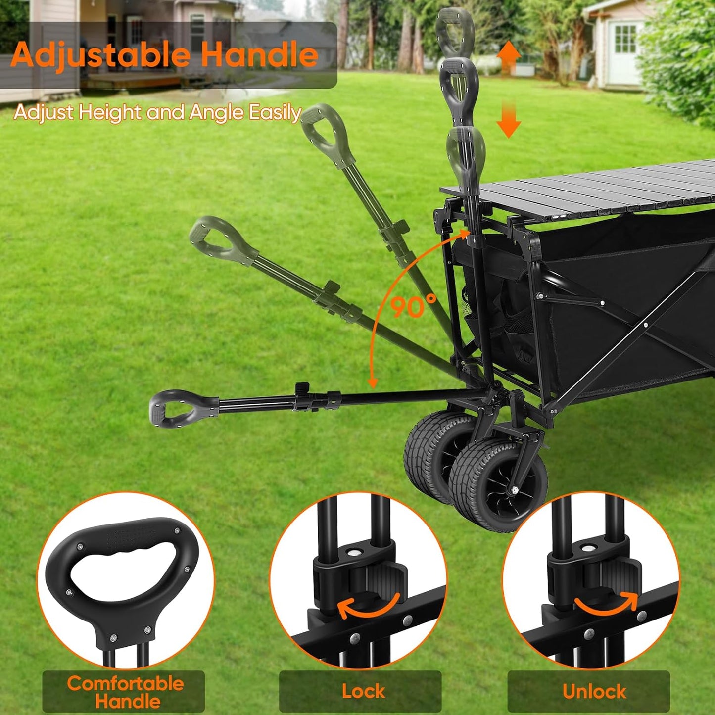 Collapsible Wagon with Table and Canopy, Large Capacity Wagons Carts, Beach Wagon with Big Wheels, Heavy Duty Beach Car Utility Wagon for Outdoor Park, Shopping, Sports, Camping, Garden