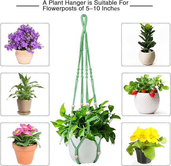 Augshy Macrame Plant Hangers Green Hanging Planters for Indoor Outdoor Home Decor, Hanging Plant Holder No Tassels Set of 2 with 4 Hooks