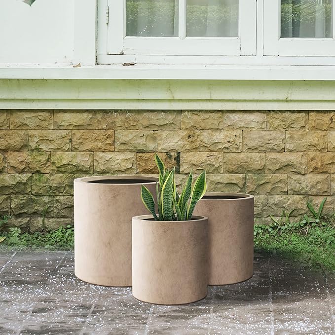 Kante 9.8",12.6",15.7" Dia Round Concrete Planter Set of 3, Modern Style Large Cylindrical Plant Pot with Drainage Hole and Rubber Plug for Indoor Outdoor Patio, Weathered Concrete