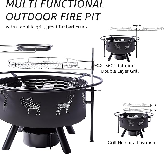 NATURAL EXPRESSIONS 32 Inch Large Fire Pit with 2 Grills, Outdoor Wood Burning Fire Pit with Cooking Grate, Lid, Poker and Round Waterproof Cover for Patio, Ourside, Bonfires, Picnic, Party.