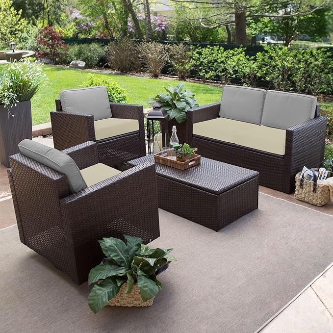 Favoyard Outdoor Chair Cushion 22 x 22 x 3 Inch Rainproof & 3-Year Fade Resistant Patio Furniture Cushions with Removable Cover and Adjustable Ties for Garden Sofa Couch Pads Set of 2, Beige