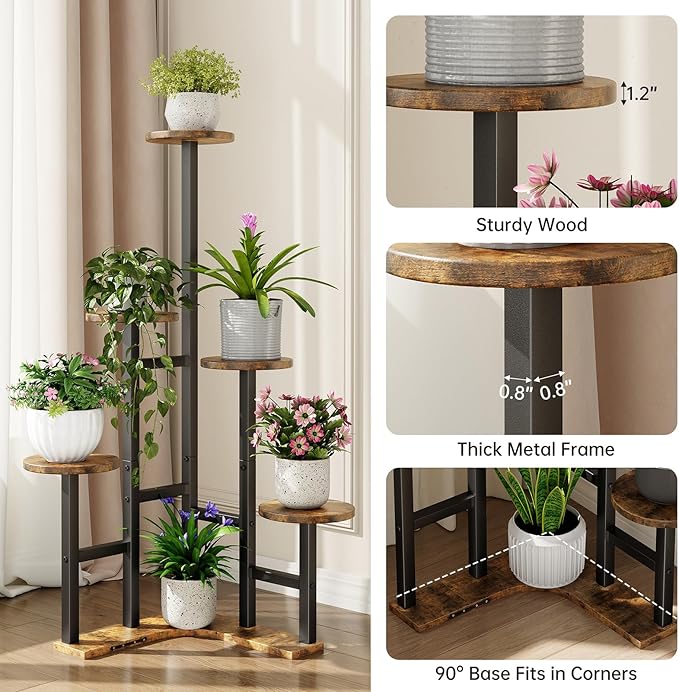 Corner Plant Stand Indoor, 6 Tier Corner Plant Shelf Flower Stand for Multiple Plants, Plant Shelves Organizer Rack for Living Room, Balcony, Patio, Garden, Round Rustic Brown