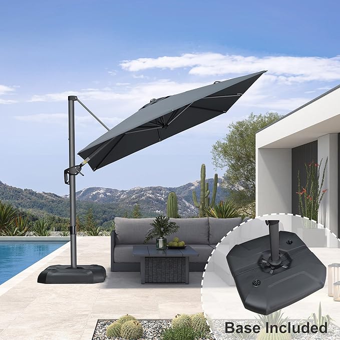 PURPLE LEAF 8 Feet Square Cantilever Umbrella Patio Umbrella with Base Outdoor Umbrella Aluminum Offset with 360-degree Rotation for Garden Deck Pool Patio, Grey