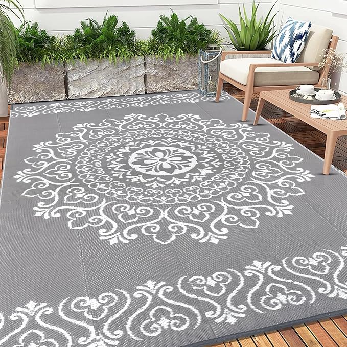 Pauwer Waterproof Outdoor Rug 8x10, Reversible Plastic Straw Patio Camping Rug, Indoor Outdoor RV Mat Carpet for Deck, Camper, Porch, Balcony, Backyard, Picnic, Floral Grey
