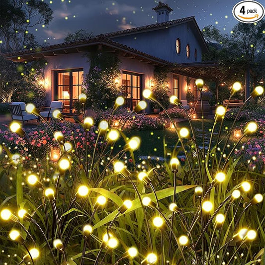 Solar Garden Lights, 4 Pack 32 LED Outdoor Firefly Lights, Waterproof Solar Pathway Lights, Swaying Decorative Solar Lights for Yard, Patio, Pathway, and Garden, Warm White Glow