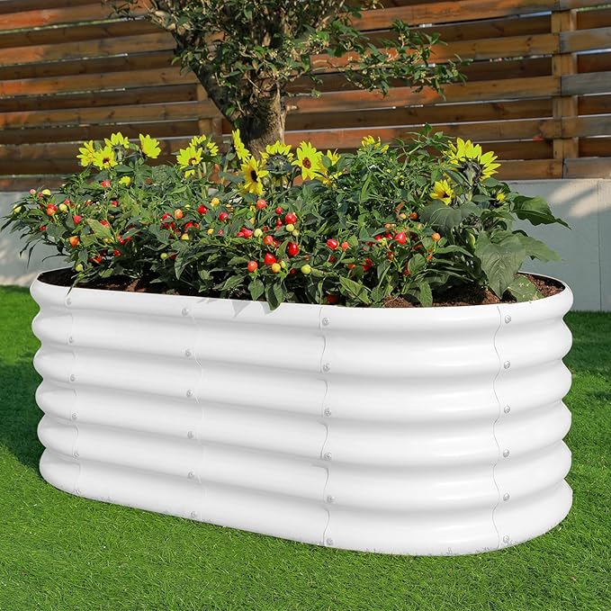 Land Guard 18“ Tall 4×2ft Galvanized Raised Garden Bed Kit, Galvanized Planter Garden Boxes Outdoor, Oval Large Metal Raised Garden Bed for Vegetables……… (Pearl White, 4×2×1.5ft)