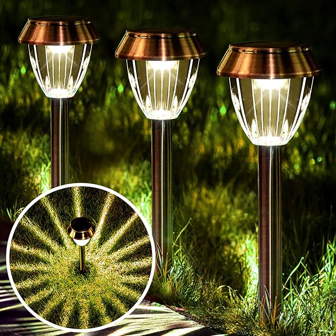 Solar Pathway Lights Outdoor Waterproof, 6 Pack Solar Outdoor Lights Bright Up to 12 Hrs, Garden Light LED Landscape Lighting Copper Stainless Steel Walkway Light, Warm White
