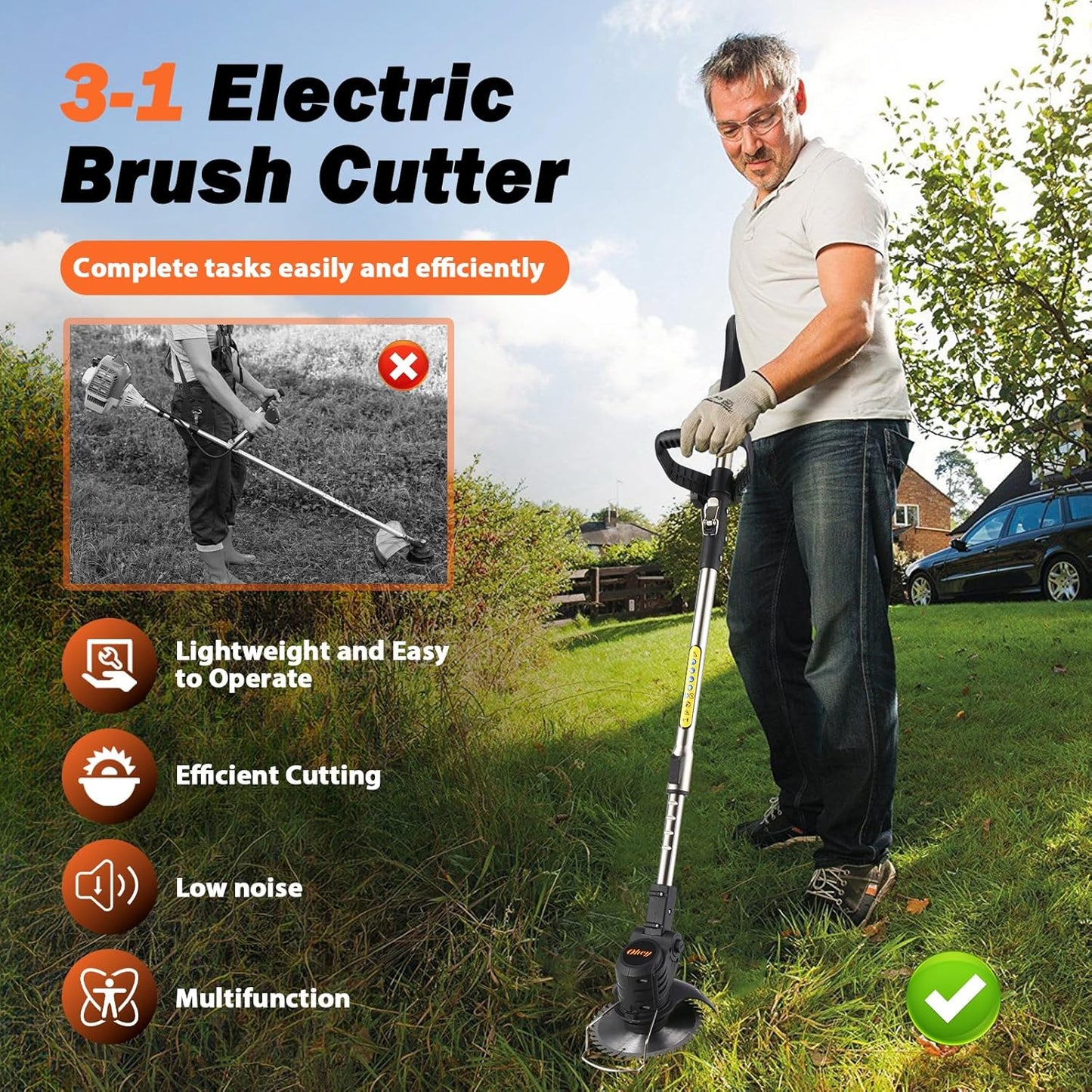 Cordless Weed Wacker, Ohey Electric Brush Cutter, Adjustable Pole Length Weed Eater, Foldable & Lightweight, 3 Blade Types, Battery-Powered Cordless Weed Eater for Lawn, Garden, Yard Work