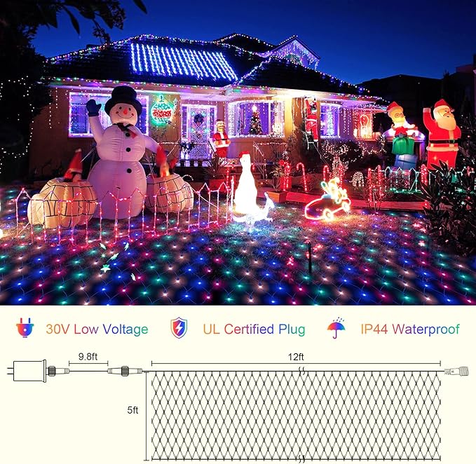 Net Lights Outdoor Mesh Lights, 360 LED Christmas Net Lights Plug in with Remote, 12x5 ft Extendable 8 Modes Net Lights Waterproof with Green Wire for Bushes Gazebo Lawn Patio Garden Tree (Multicolor)