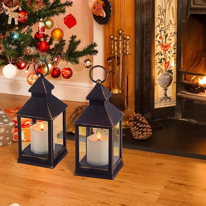 Vintage Golden Brushed Black Lantern Decorative LED Flickering Flameless Candle with Timer, Battery Powered LED Decorative Hanging Lanterns for Indoor Outdoor Garden Yard Home Decor(4 Pack)
