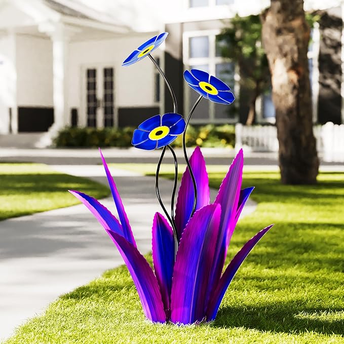 Upgraded Large Metal Yard Art, Agave Plant Yard Decorations Outdoor Sculpture, Flowers for Outside, Waterproof Outdoor Garden Decor (Purple + Blue Flower)