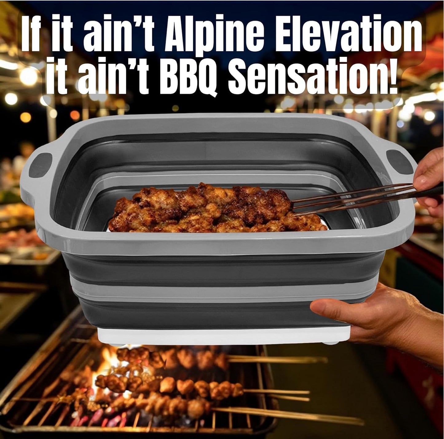 Collapsible X-Large (16L) BBQ Marinating Tub w/Cutting Board | Multipurpose Food-Grade TPE Prep Tub w/Lid | Built-In Colander & Drain Plug - For Camping | Tailgate | Picnic - Slate Black