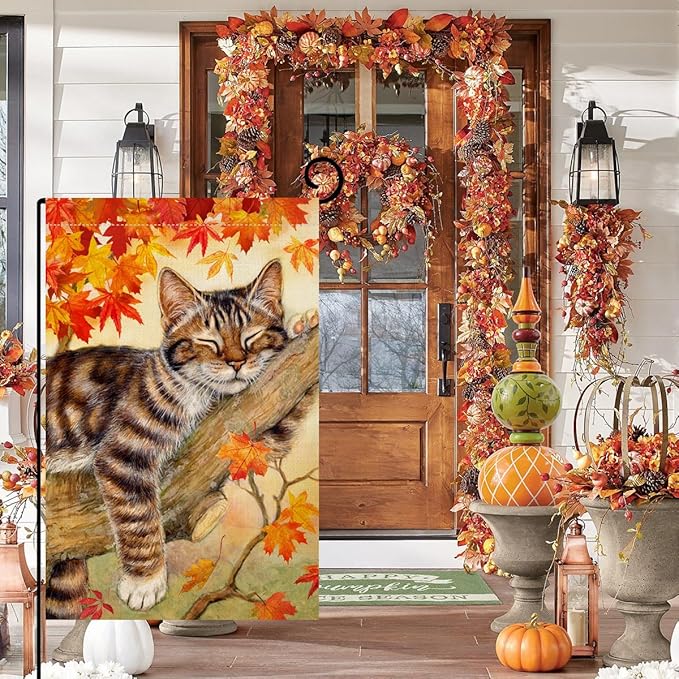 BLKWHT Fall Cat Garden Flag 12x18 Vertical Double Sided Autumn Leaves Thanksgiving Holiday Outside Decorations Burlap Yard Flag BW699