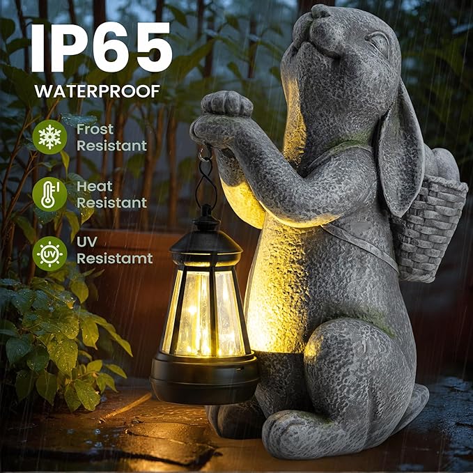 Solar Garden Outdoor Statues Rabbit with Solar Lantern,Outdoor Bunny Figurines Decorations,Lawn Decor Bunny Statue for Patio, Balcony, Yard Ornament,Unique Housewarming and Easter Gifts