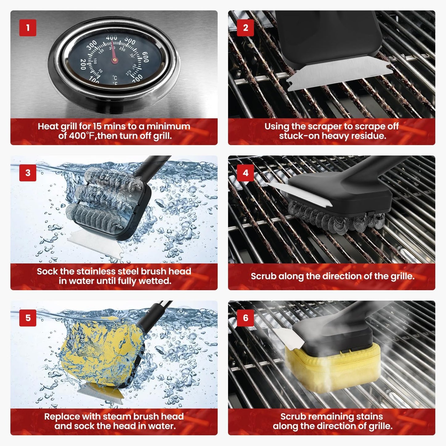 3 in 1 Grill Brush Bristle Free with Scraper, Coinicxcel Steam Brush & Stainless Steel Helix Brush Replaceable Head for Outdoor Grill Accessories, Safe BBQ Cleaning Brush Kit for Most Type of Grate