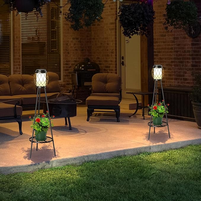 Solar Lights Outdoor Street Lights with Plant Stands 2 Pack, Solar Floor Lamp Metal Tripod Patio Lights for Garden Yard Pathway Driveway Front/Back Porch Decoration