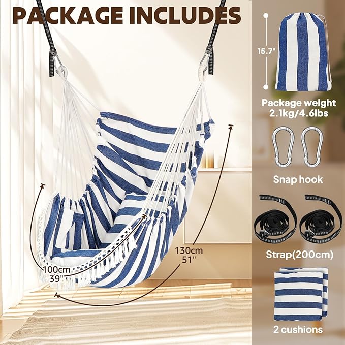 Chihee Hammock Chair Hanging Swing 2 Pillows Included,Strong Webbing Straps and Hooks for Easy Hanging Soft Cotton Hanging Chair Side Pocket Tassel Chair Comfort Indoor Outdoor Blue White