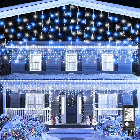 Christmas Icicle Lights Outdoor, 66Ft 640 LED Icicle Lights for Outside with 8 Modes Timers, Waterproof Plug in Twinkle String Light for Yard Eave Patio Party Holiday Decorations, Blue White