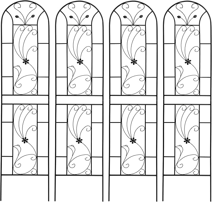 Metal Garden Trellis Rustproof Trellis for Climbing Plants Outdoor Flower Support Peacock Style (Black-4 Pack, 86.7"x19.7")