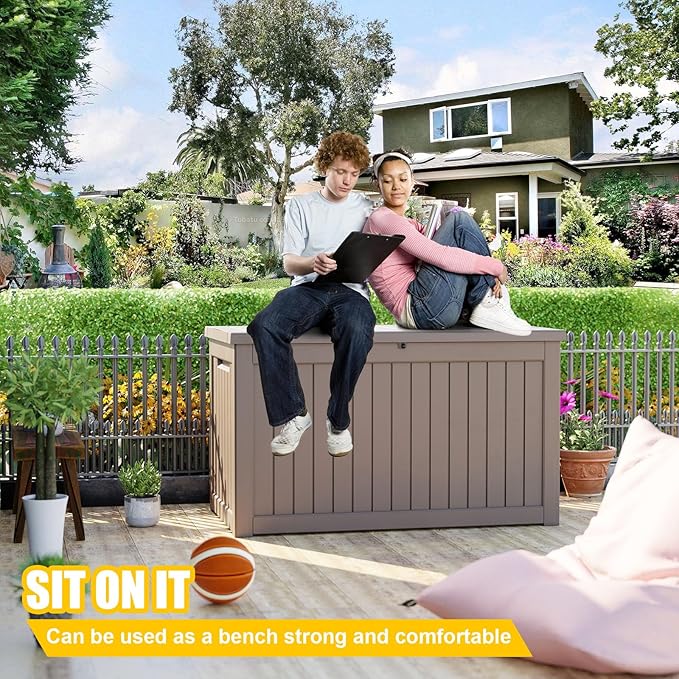 XXL 230 Gallon Large Resin Deck Box, Lockable Outdoor Storage Box for Patio Cushions Storage Furniture,Garden Tools, Pool Supplies, Weatherproof and UV Resistant- Grey (230 Gallon)