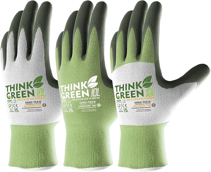 COOLJOB 3 Pairs Gardening Gloves for Women Men, 100% Recycled Polyester with Rubber Coated for Garden Patio Yard Lawn Work, Green, White & Grey, X-Large Size