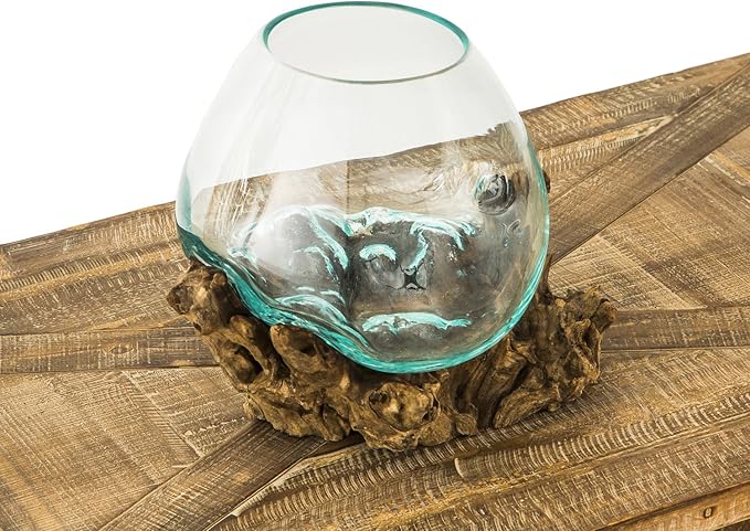 Cape Craftsmen 10" H Hand-Blown Blue Tinted Bubble Glass On Natural Teak Driftwood Terrarium | Home Décor Indoor Planter with Stand | Pot for Succulent and Plants