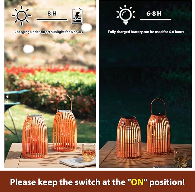 Set of 2 Solar Lantern Outdoor Waterproof Hanging Metal Birdcage Shaped Lantern Decorative Solar Light for Garden Yard Patio Porch, Orange